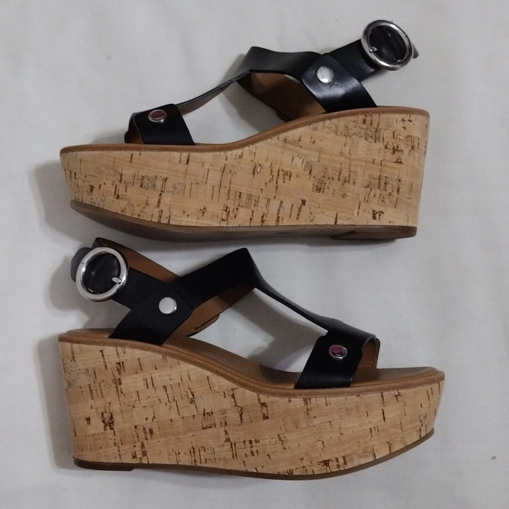 NEW Frye Black Leather Cork Wedge Platform Sandals Boho Luxe US 8.5 MSRP $458